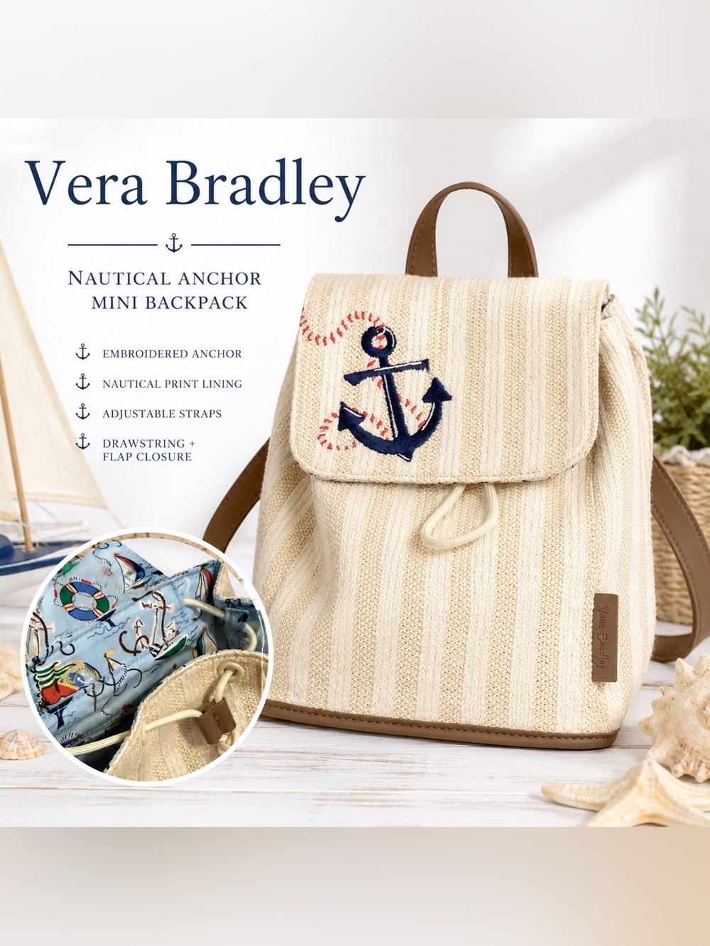 Vera Bradley Nautical Anchor Knit Mini Backpack Coastal Sailboat Print